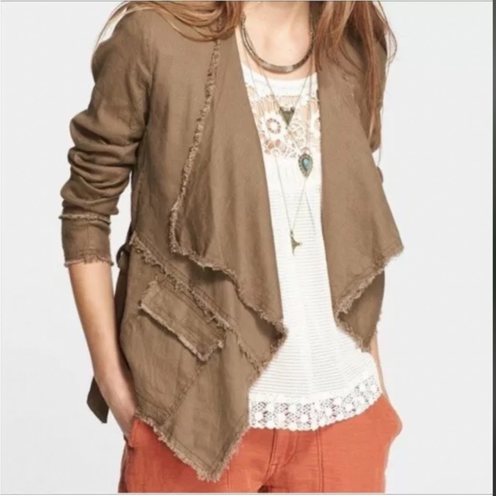 Free People Linen Blend Raw Hem Open Front Jacket Frayed Drapey Taupe SZ M